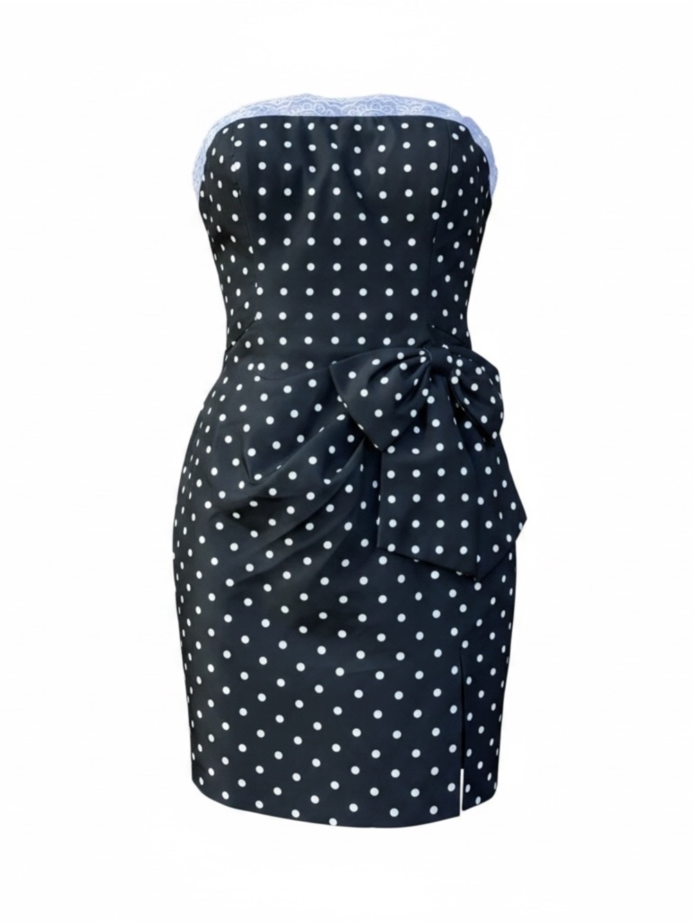 VTG Victor Costa Black & White Polka Dot Bow Party Designer Strapless Dress S/M